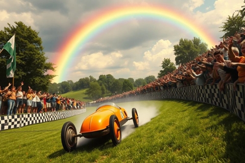 soapbox cart racing on grass with a rainbow overhead